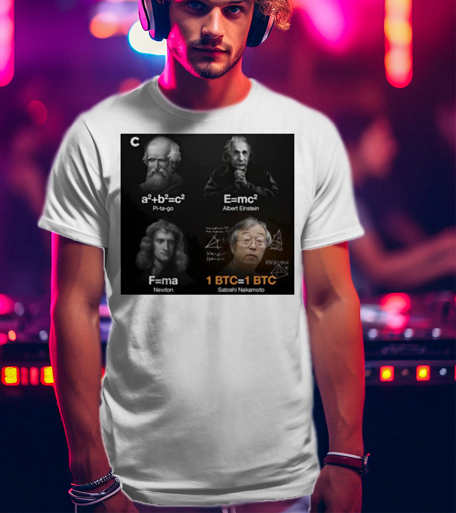 Pi-ta-go Albert Einstein Newton Satoshi Nakamoto A²+b²=c² E=mc² F=ma 1 BTC=1 BTC T-Shirt