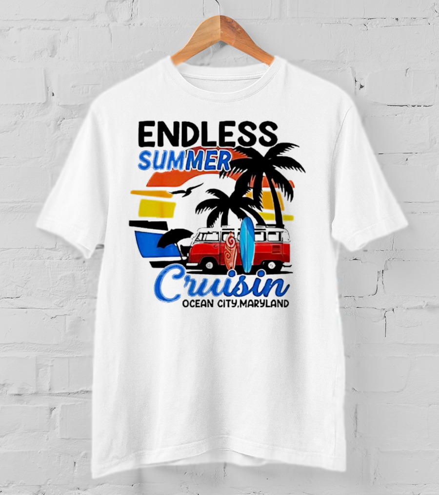 Endless Summer Cruisin Ocean City Maryland Vintage Sunset Surfboard Van Palm Trees T-Shirt