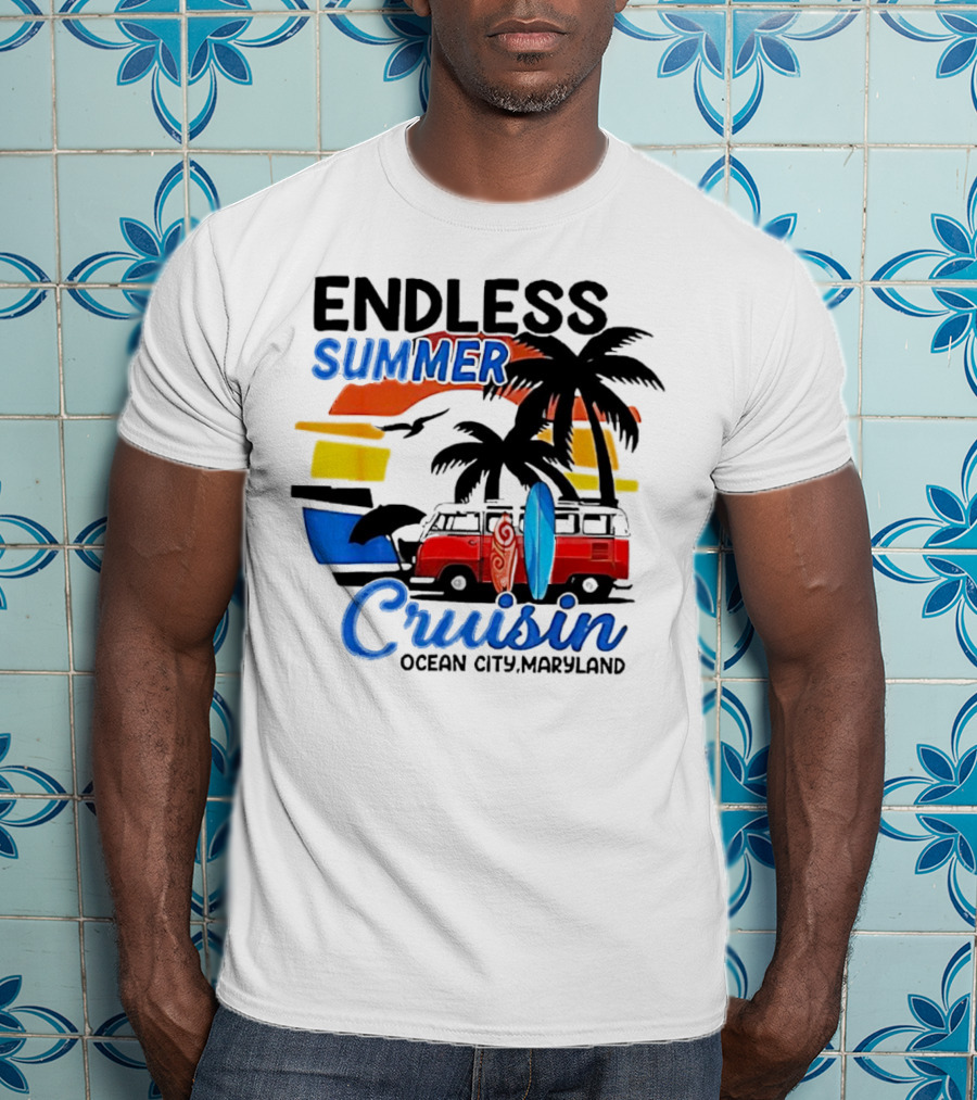 Endless Summer Cruisin Ocean City Maryland Vintage Sunset Surfboard Van Palm Trees T-Shirt