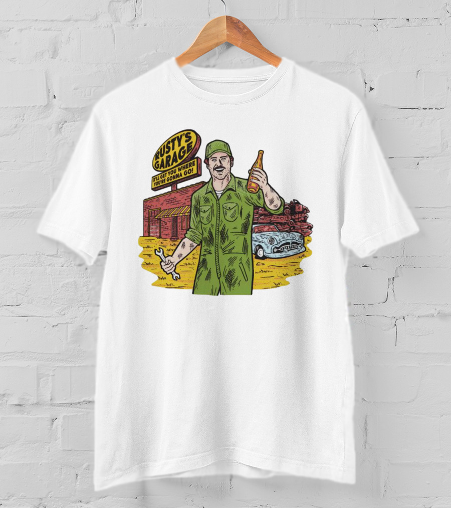Rusty’s Garage It’ll Get You Where You’re Gonna Go Retro Mechanic Holding Wrench And Drink With Vintage Car And Workshop Scene T-Shirt