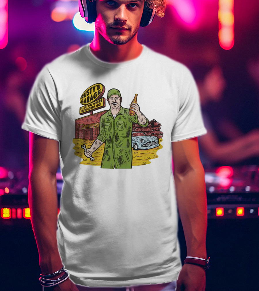 Rusty’s Garage It’ll Get You Where You’re Gonna Go Retro Mechanic Holding Wrench And Drink With Vintage Car And Workshop Scene T-Shirt