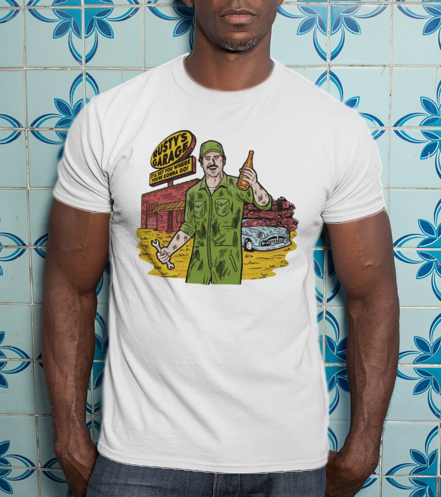Rusty’s Garage It’ll Get You Where You’re Gonna Go Retro Mechanic Holding Wrench And Drink With Vintage Car And Workshop Scene T-Shirt