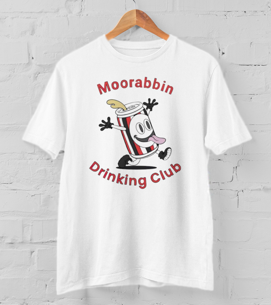 Moorabbin Drinking Club Cartoon Can With Tongue Out And Arms Raised T-Shirt