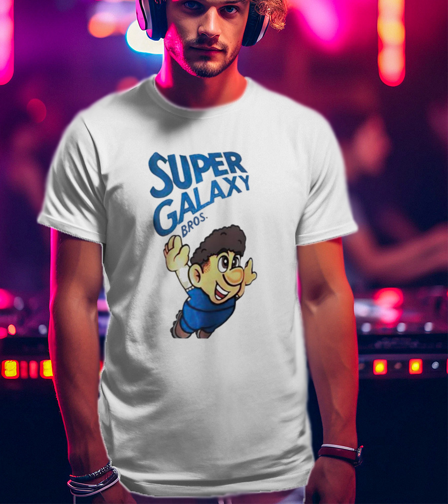 Super Galaxy Bros Flying Character In Blue T-Shirt