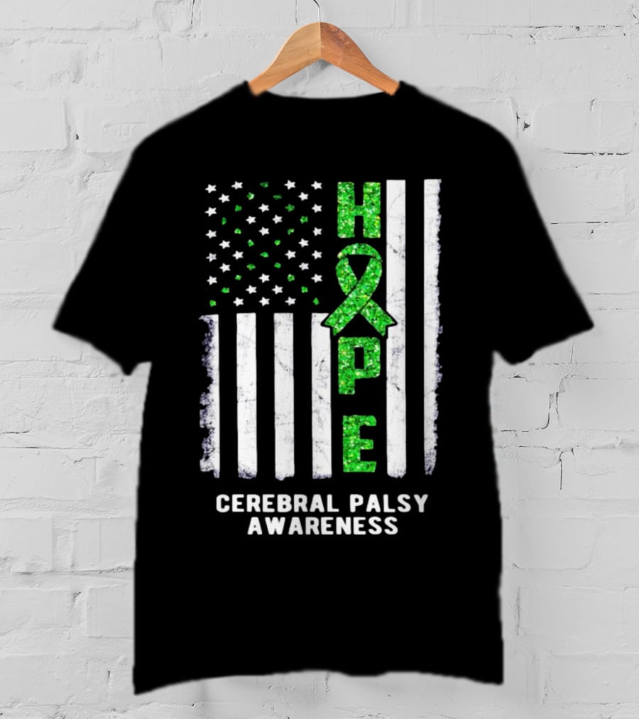 Hope American Flag Green Ribbon Cerebral Palsy Awareness T-Shirt