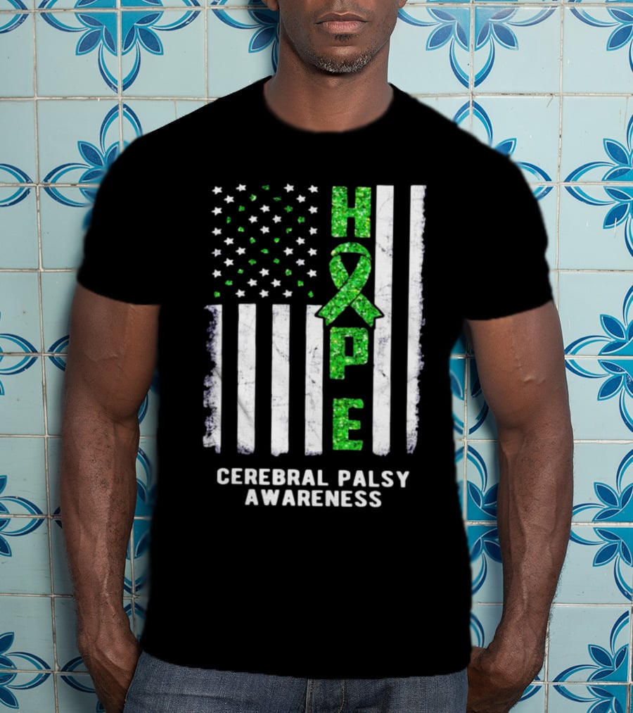 Hope American Flag Green Ribbon Cerebral Palsy Awareness T-Shirt