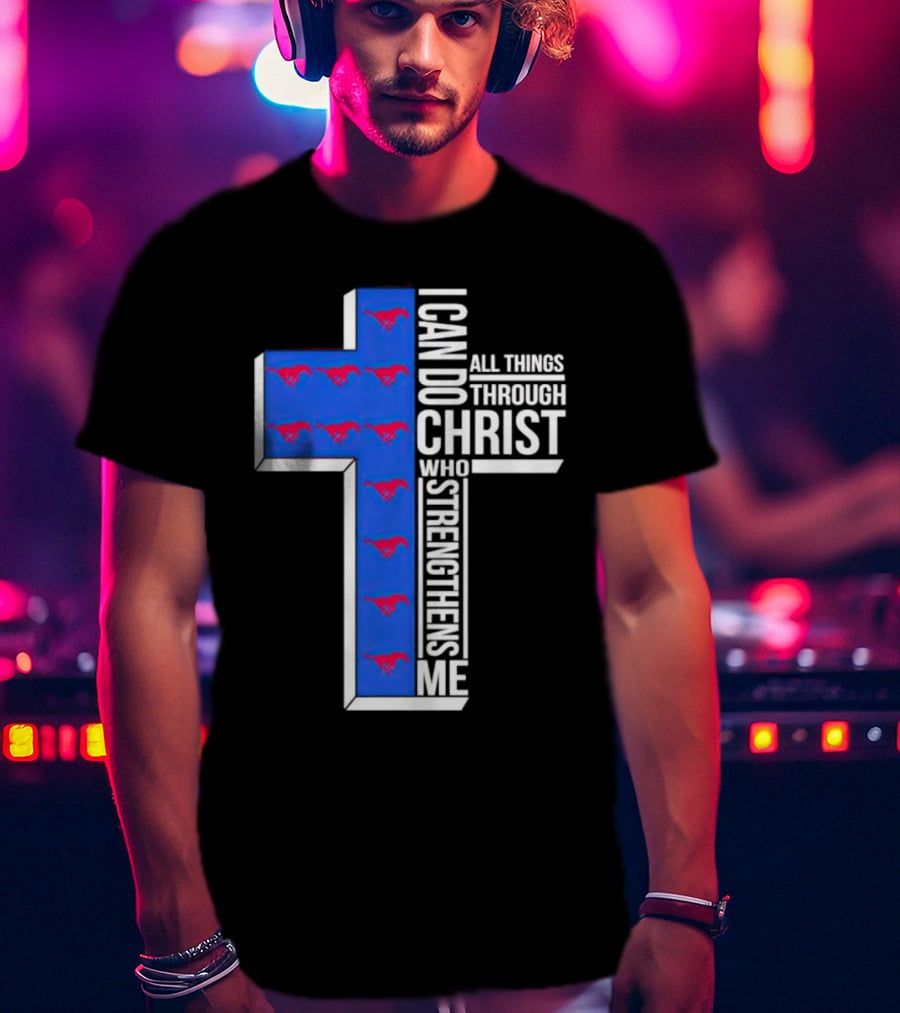 SMU Mustangs I Can Do All Things Through Christ Who Strengthens Me Cross T-Shirt