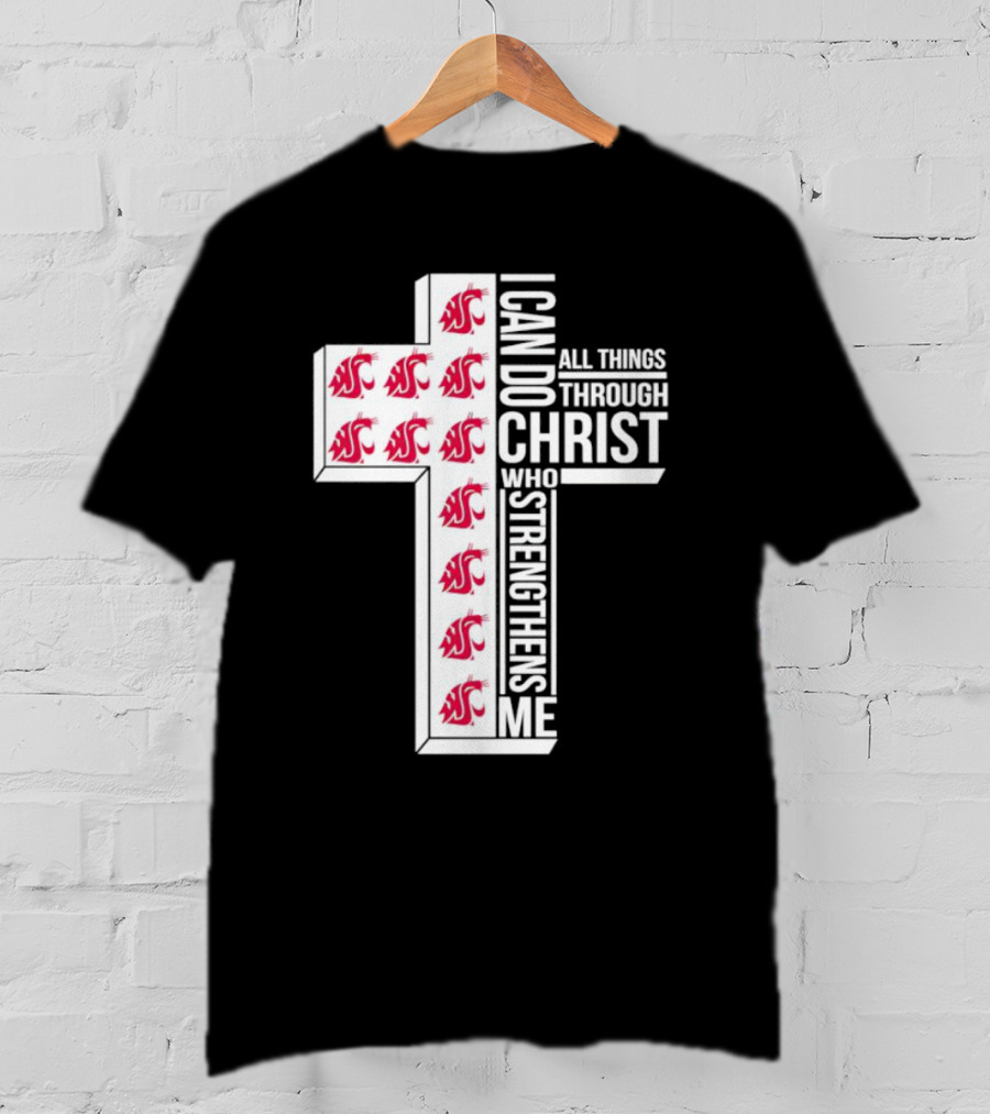 Washington State Cougars Logo I Can Do All Things Through Christ Cross T-Shirt