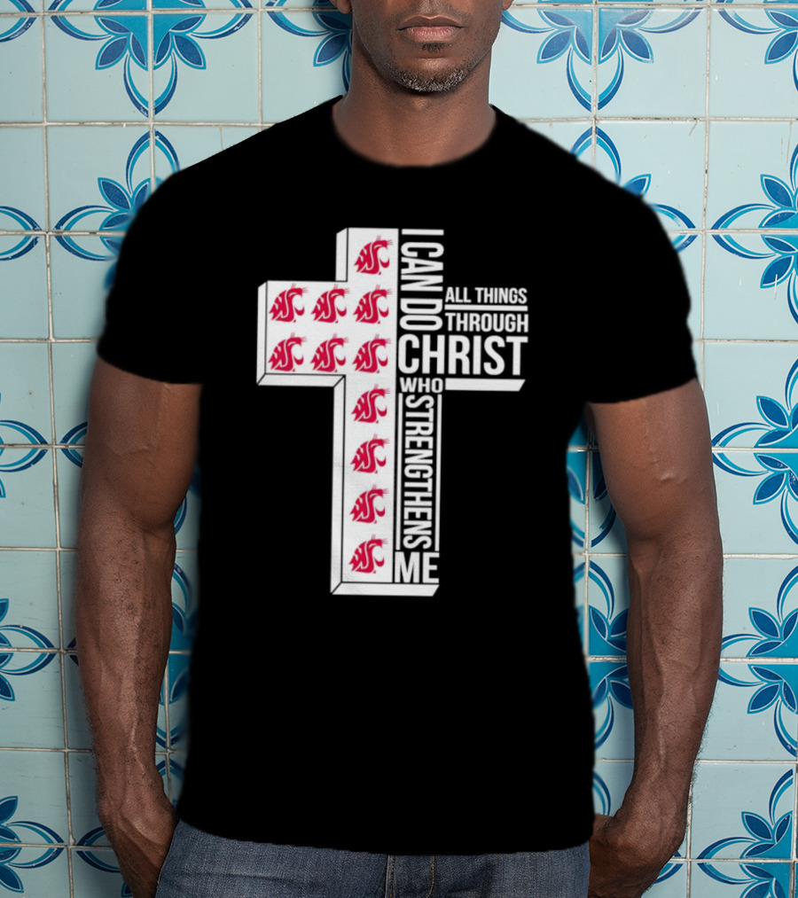 Washington State Cougars Logo I Can Do All Things Through Christ Cross T-Shirt