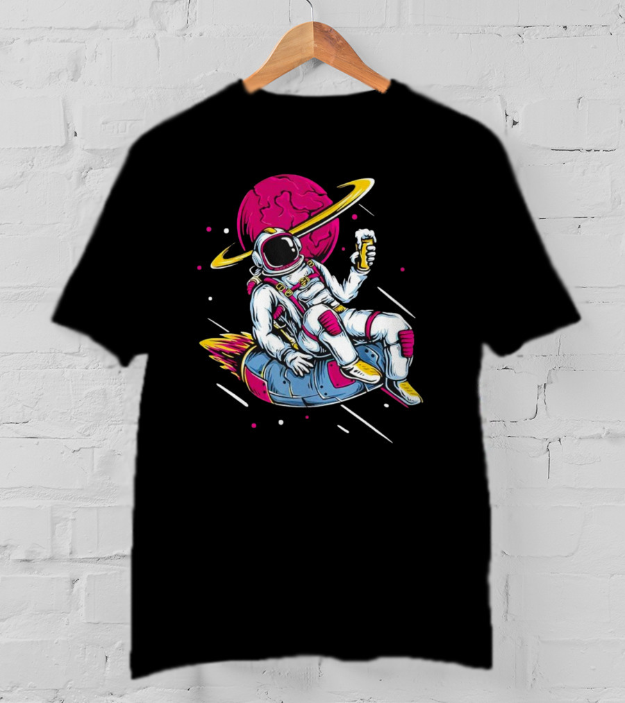 Astronaut Drinking Beer In Space Suit With Planet Background T-Shirt