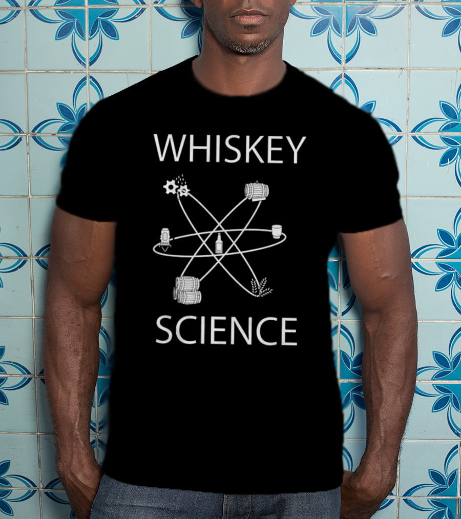 WHISKEY SCIENCE Molecular Diagram With Barrels And Distillation Elements T-Shirt