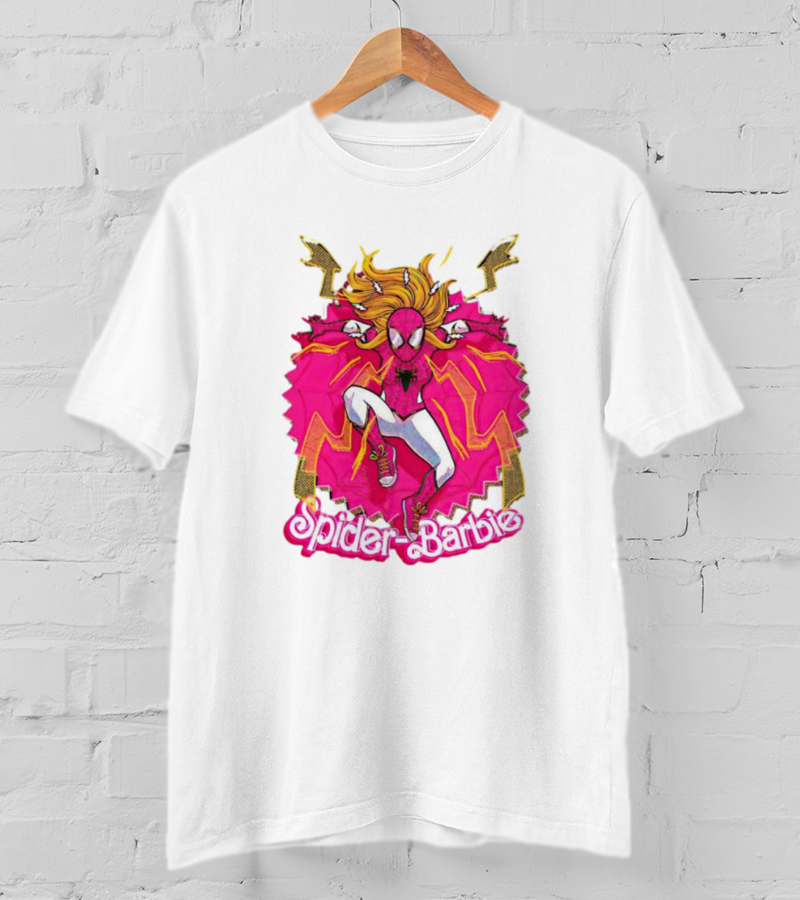 Spider-Barbie Across The Barbie-Verse With Pink Spider Suit And Dynamic Web Background T-Shirt