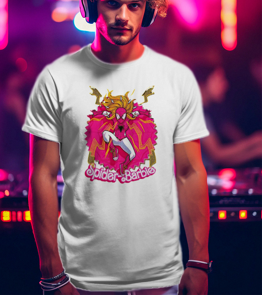 Spider-Barbie Across The Barbie-Verse With Pink Spider Suit And Dynamic Web Background T-Shirt