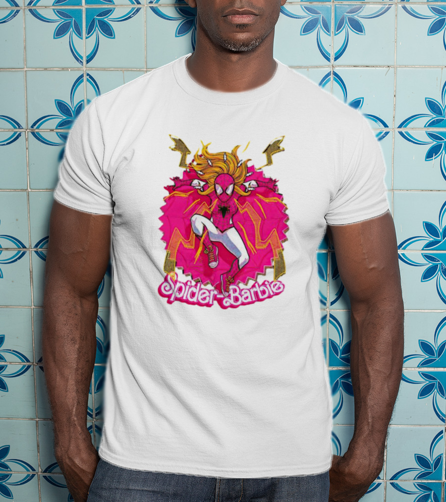 Spider-Barbie Across The Barbie-Verse With Pink Spider Suit And Dynamic Web Background T-Shirt