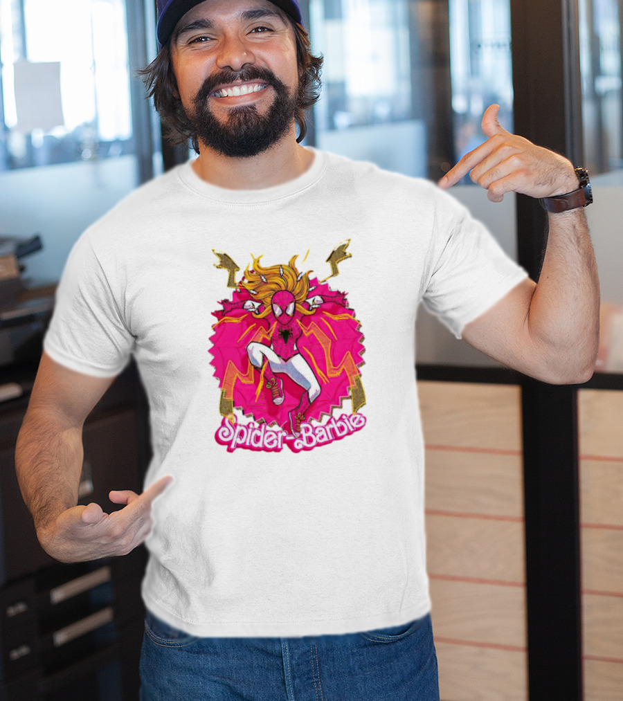 Spider-Barbie Across The Barbie-Verse With Pink Spider Suit And Dynamic Web Background T-Shirt