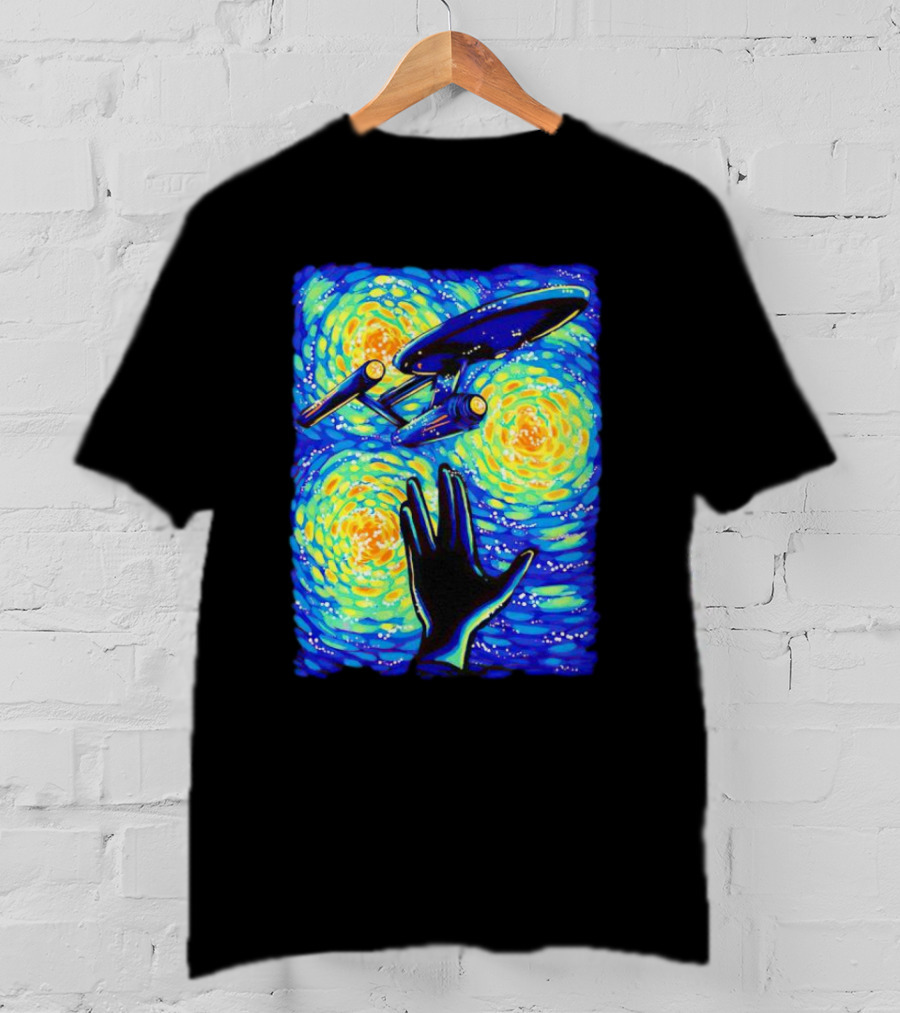 Star Trek Enterprise In Starry Night With Vulcan Salute Starry Trek T-Shirt