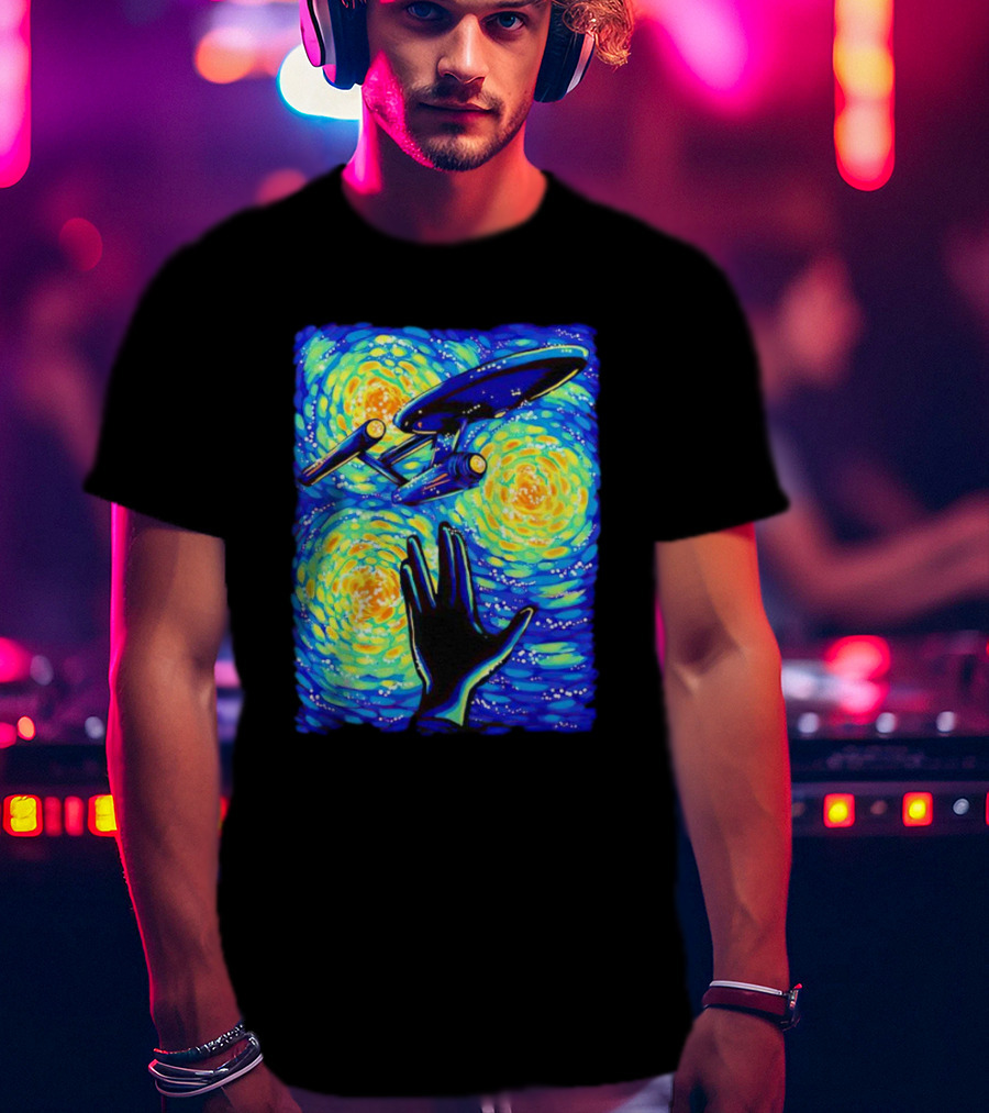 Star Trek Enterprise In Starry Night With Vulcan Salute Starry Trek T-Shirt