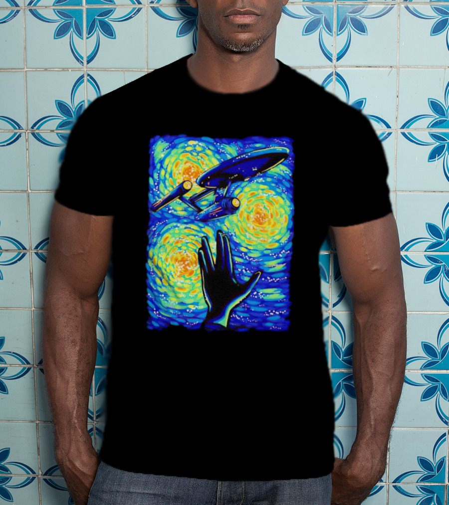 Star Trek Enterprise In Starry Night With Vulcan Salute Starry Trek T-Shirt