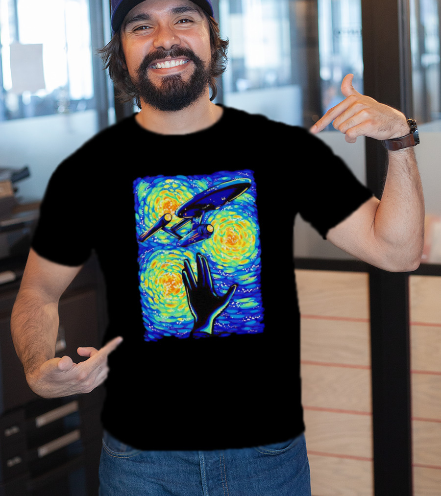 Star Trek Enterprise In Starry Night With Vulcan Salute Starry Trek T-Shirt