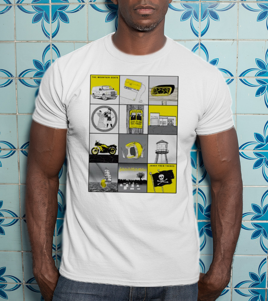The Mountain Goats Jenny From Thebes Album Art Collage With Van Cassette Clock Sports Motorcycle Tree Water Tower Pirate Ship T-Shirt