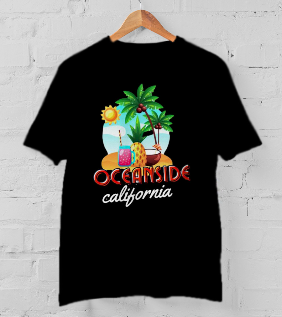 Oceanside California Tropical Beach Scene With Palm Trees, Sun, Pineapple, Coconut Drink, And Refreshing Beverage T-Shirt