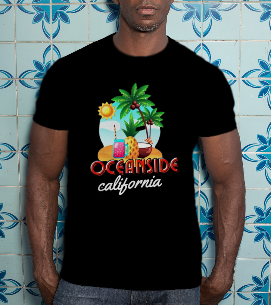 Oceanside California Tropical Beach Scene With Palm Trees, Sun, Pineapple, Coconut Drink, And Refreshing Beverage T-Shirt