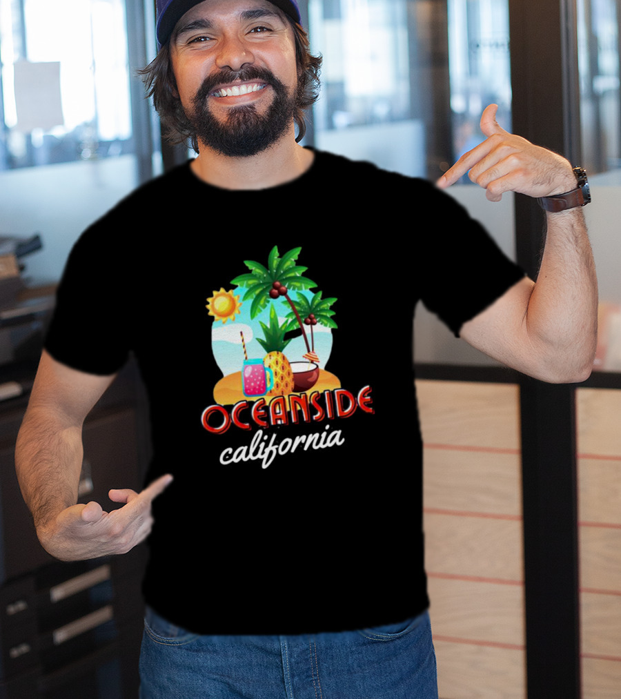 Oceanside California Tropical Beach Scene With Palm Trees, Sun, Pineapple, Coconut Drink, And Refreshing Beverage T-Shirt
