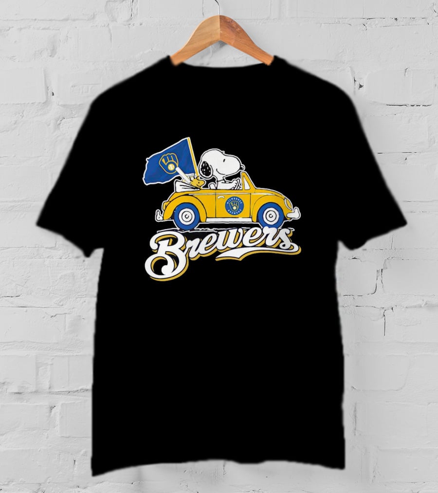 Snoopy And Woodstock Driving Car With Brewers Flag T-Shirt