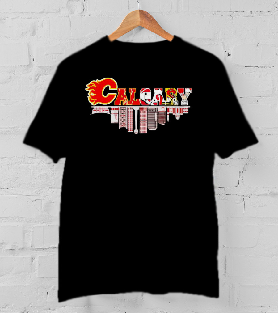 Calgary Flames Inspired Cityscape With Upside Down Skyline And Team Elements T-Shirt
