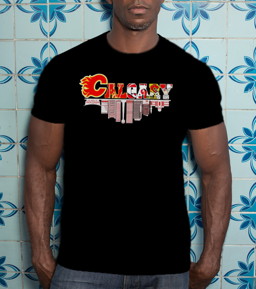 Calgary Flames Inspired Cityscape With Upside Down Skyline And Team Elements T-Shirt