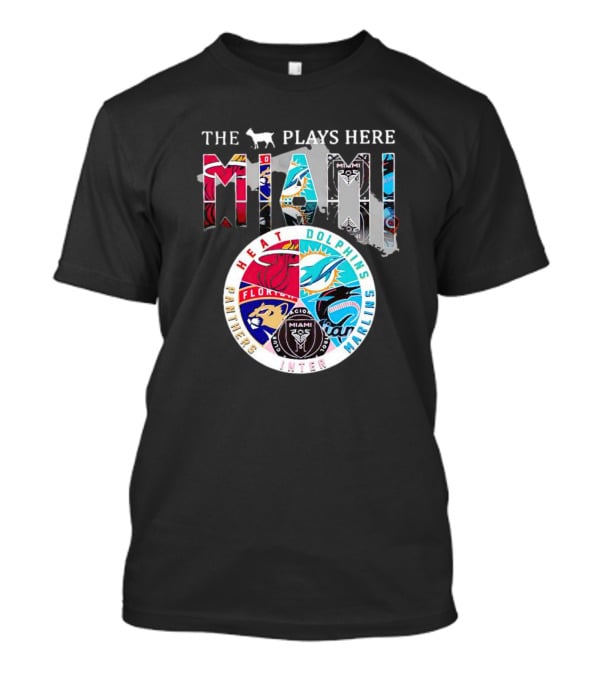 Miami Sports Team Logos Panther Heat Dolphins Marlins Inter The Goat Plays Here T-Shirt