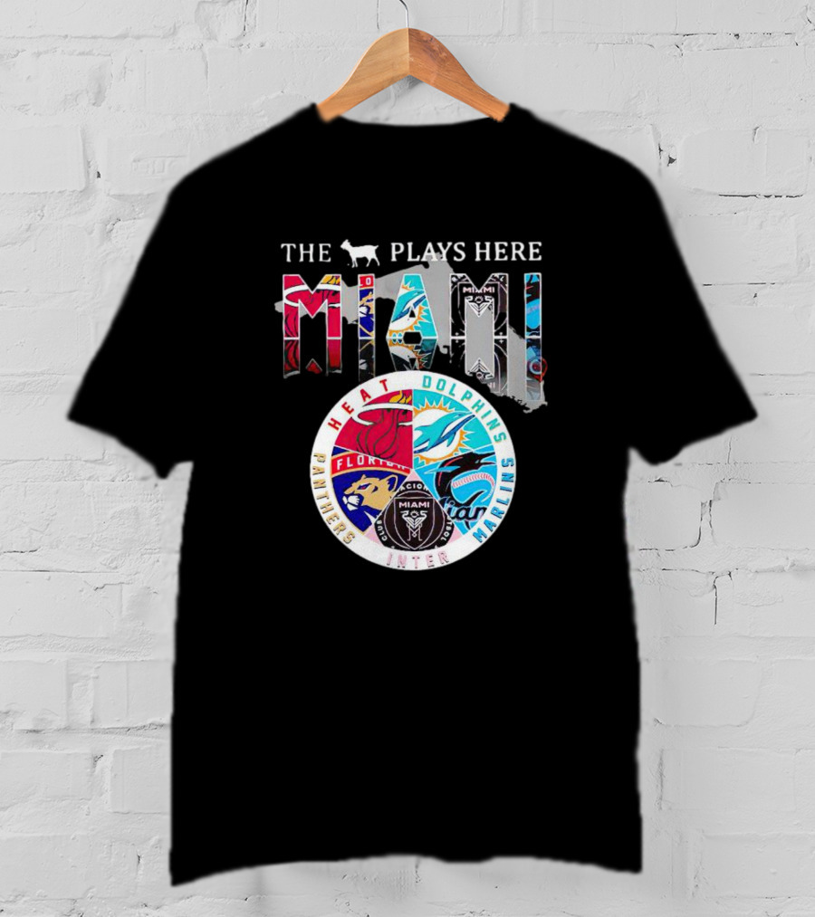 Miami Sports Team Logos Panther Heat Dolphins Marlins Inter The Goat Plays Here T-Shirt