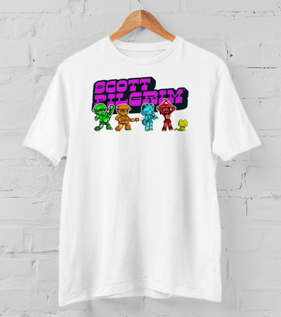 Scott Pilgrim Pixel Characters With Neon Title And Cat T-Shirt