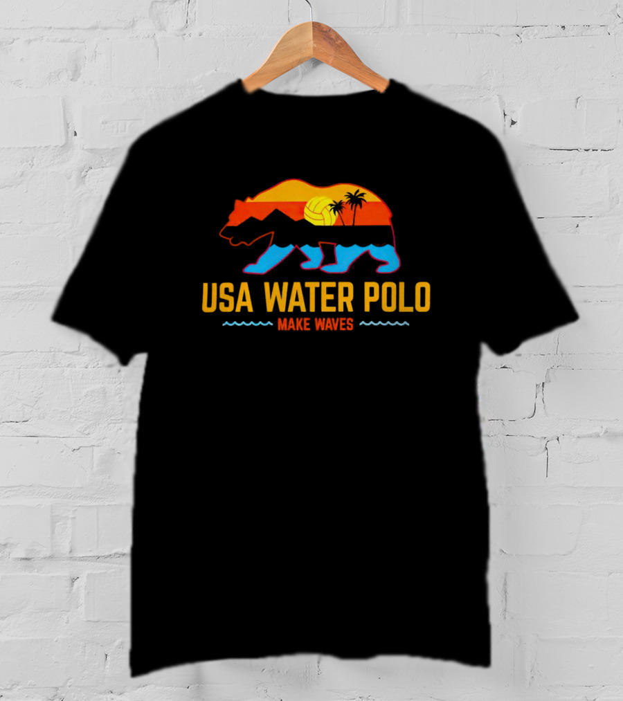 USA Water Polo Bear Make Waves Sunset Palm Trees Volleyball T-Shirt