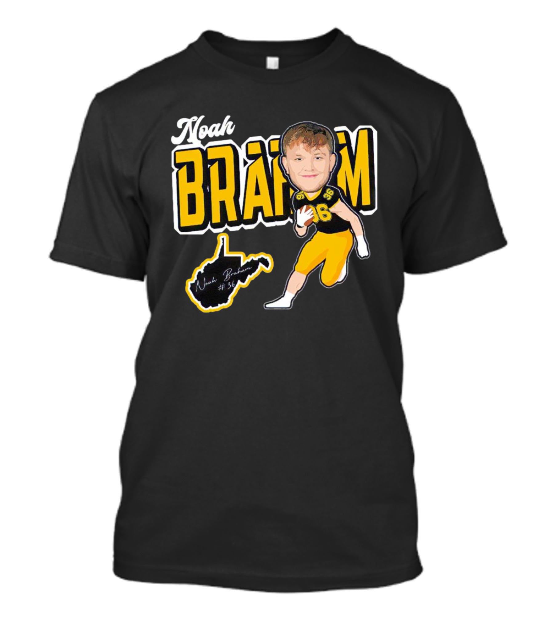 Noah Braham WVU Football Caricature With Jersey Number 36 And Signature T-Shirt