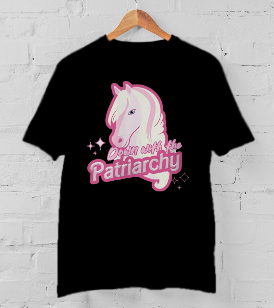 Down With The Patriarchy Pink Horse Illustration With Sparkles T-Shirt