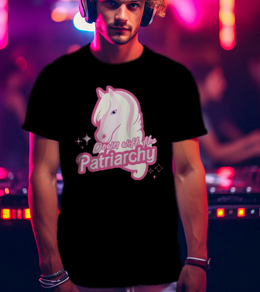 Down With The Patriarchy Pink Horse Illustration With Sparkles T-Shirt