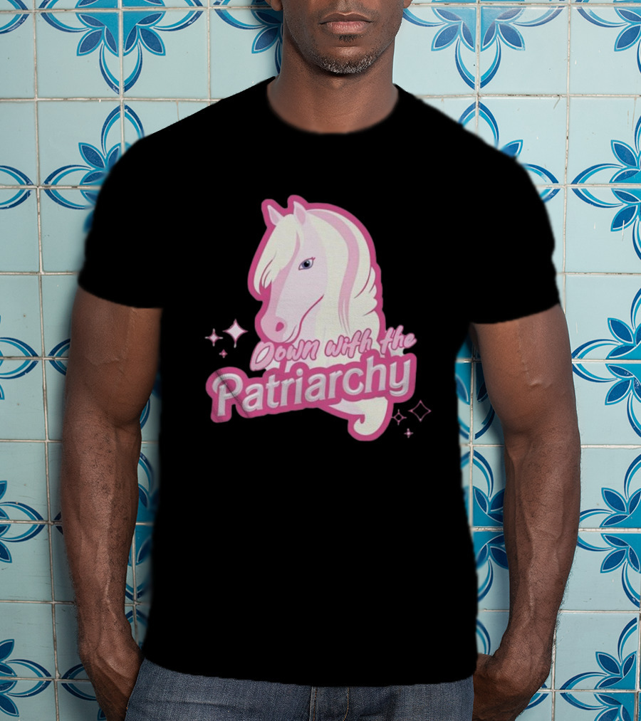 Down With The Patriarchy Pink Horse Illustration With Sparkles T-Shirt