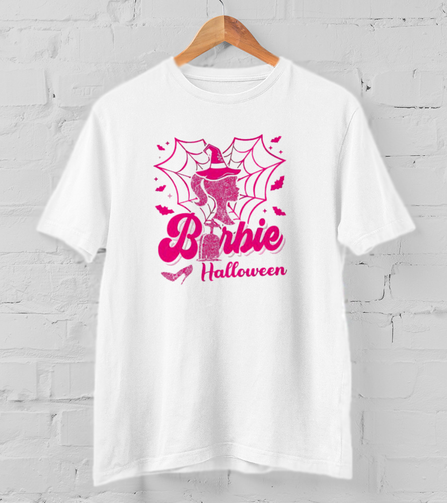 Barbie Halloween Witch Hat Cobweb Silhouette Pink Text Bat Heels T-Shirt