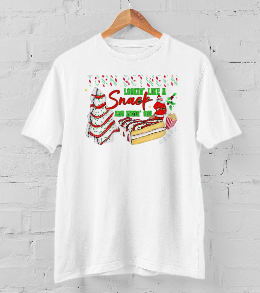 Torn Between Looking Like A Snack And Eatin' One Christmas Santa Tree Cake Popcorn T-Shirt