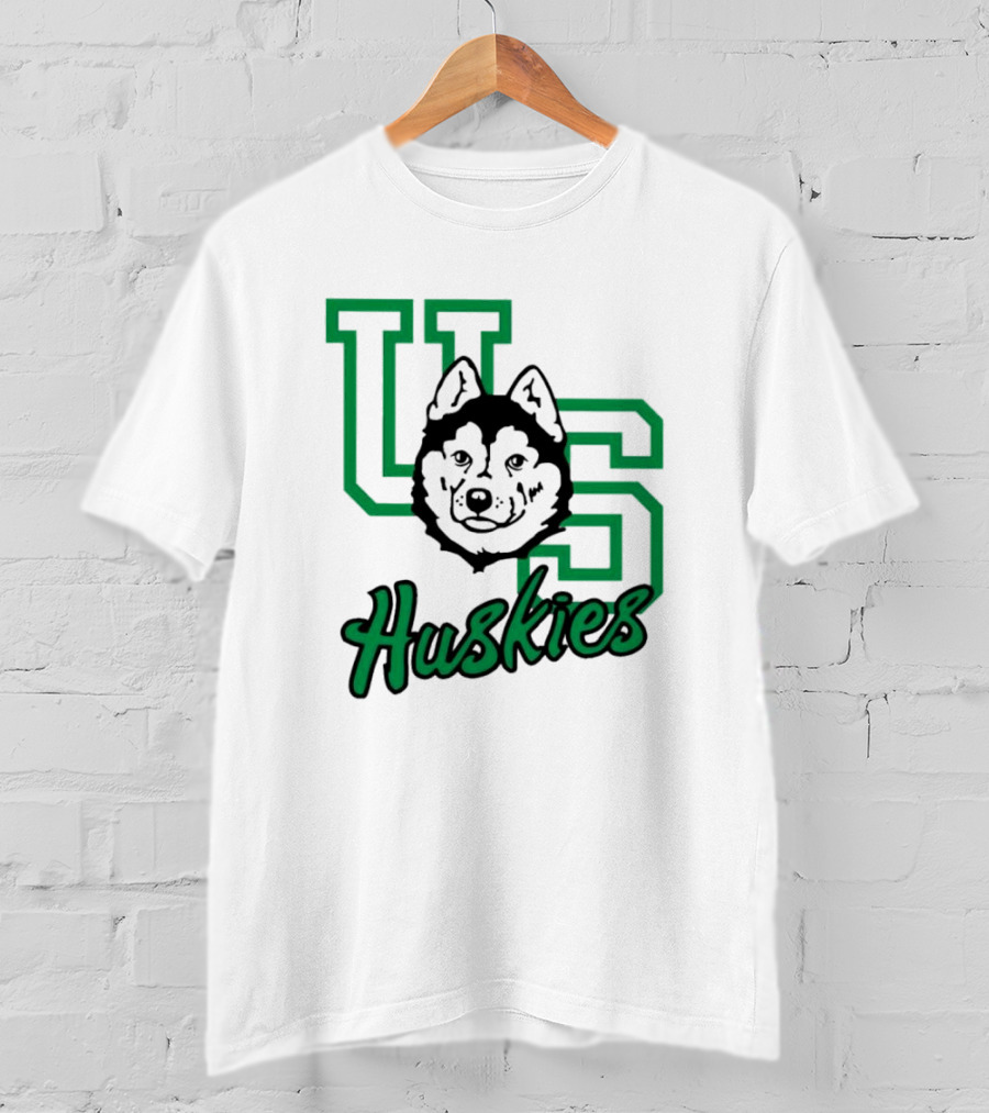 U Of S Huskies Logo With Husky Face Overlapping Bold Green Letters T-Shirt