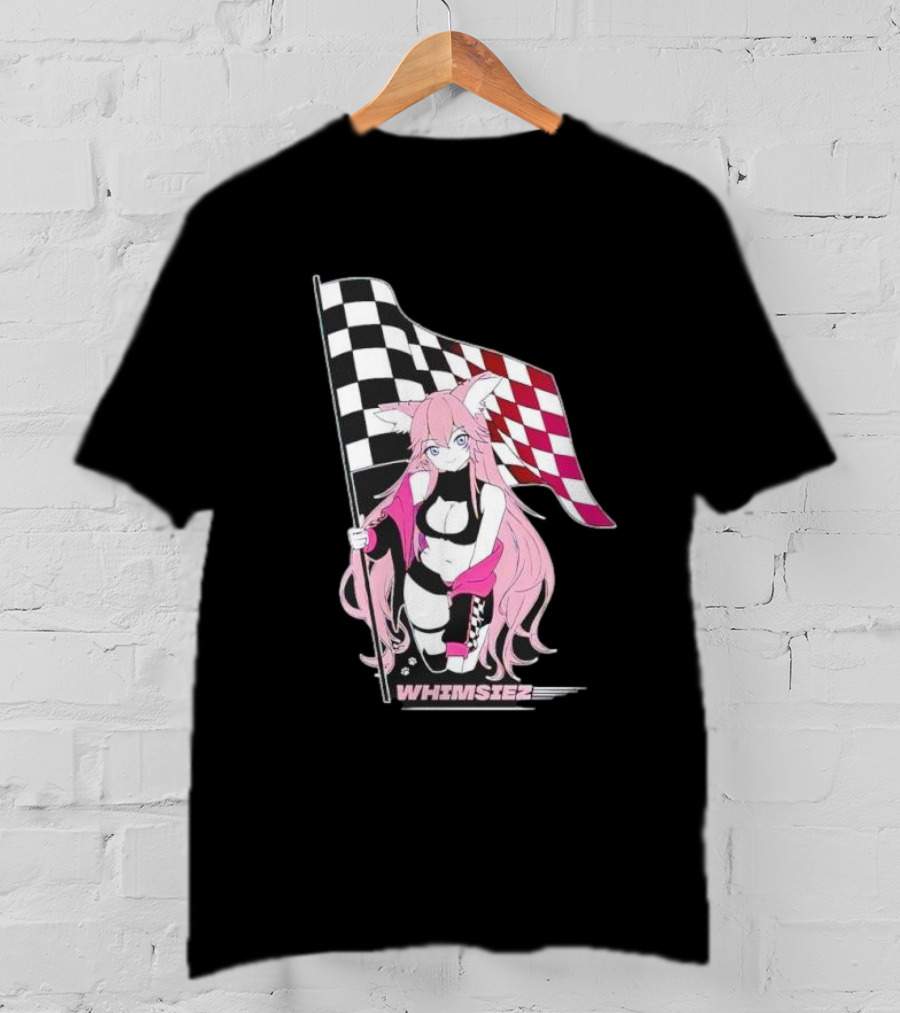 Whimsiez Checkered Flag Pink-Haired Girl Racing T-Shirt