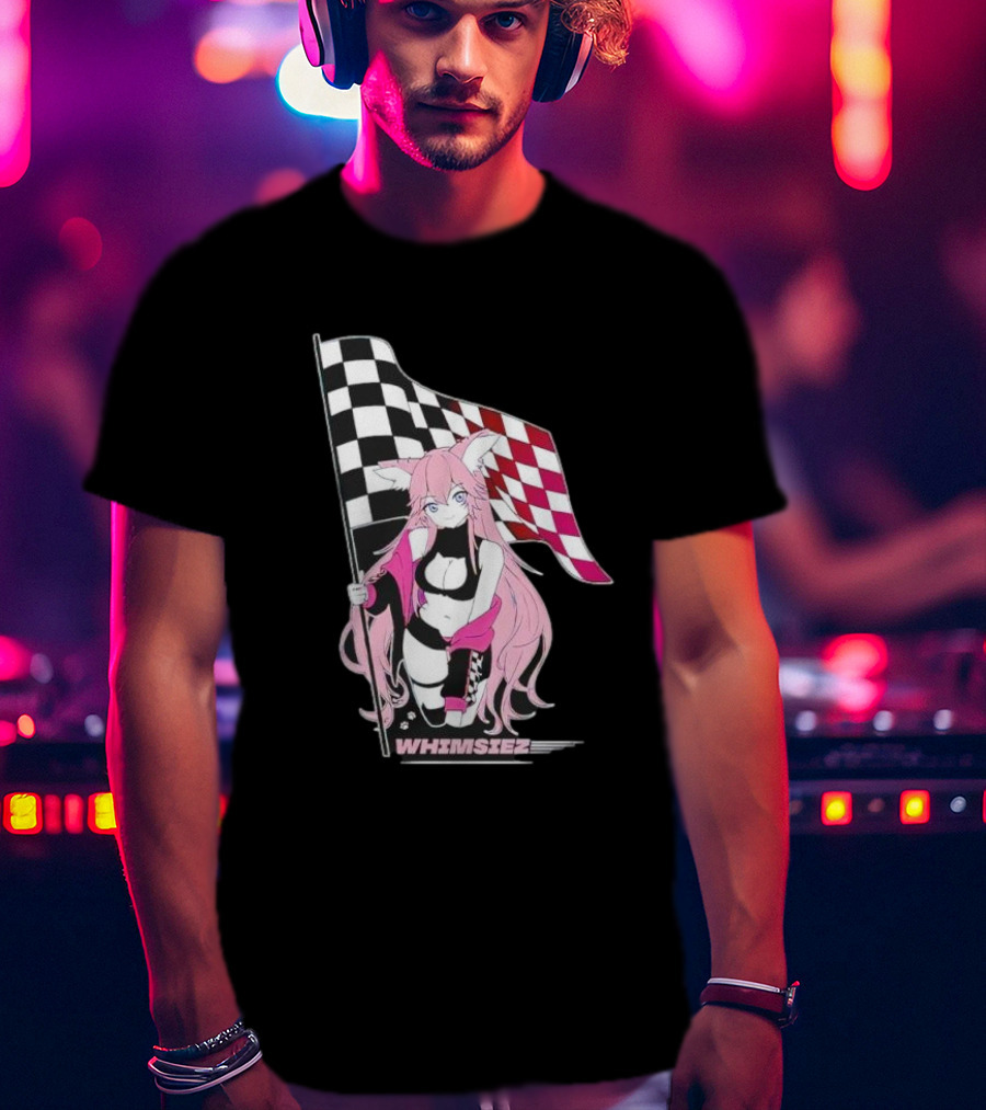 Whimsiez Checkered Flag Pink-Haired Girl Racing T-Shirt