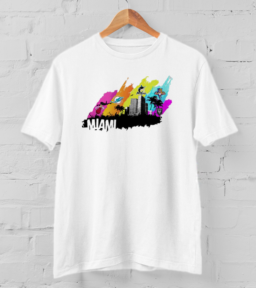 Miami City Skyline With Sports Team Logos And Vibrant Colors T-Shirt