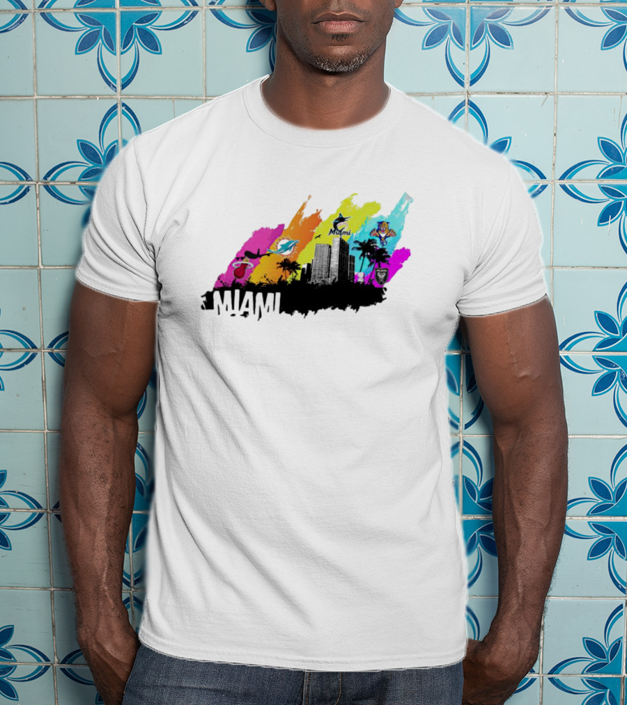 Miami City Skyline With Sports Team Logos And Vibrant Colors T-Shirt