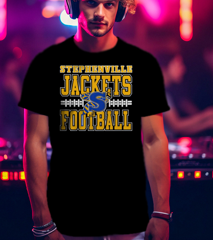 Stephenville Jackets Football S Logo Yellow And Blue Football T-Shirt