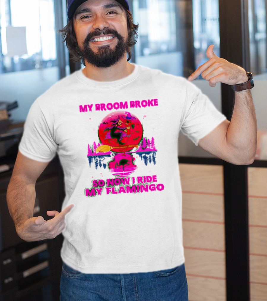 My Broom Broke So Now I Ride My Flamingo Neon Witch And Flamingo Moon Scene T-Shirt