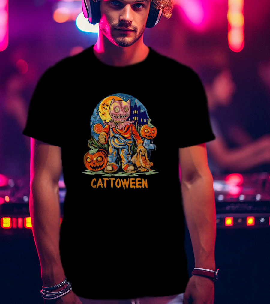 Cattoween Pumpkin Cat Monster Halloween Moon T-Shirt