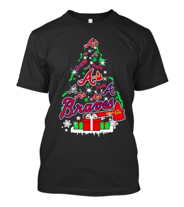 Christmas Tree Atlanta Braves Bravesword Santa Hat Baseball Snowflakes T-Shirt
