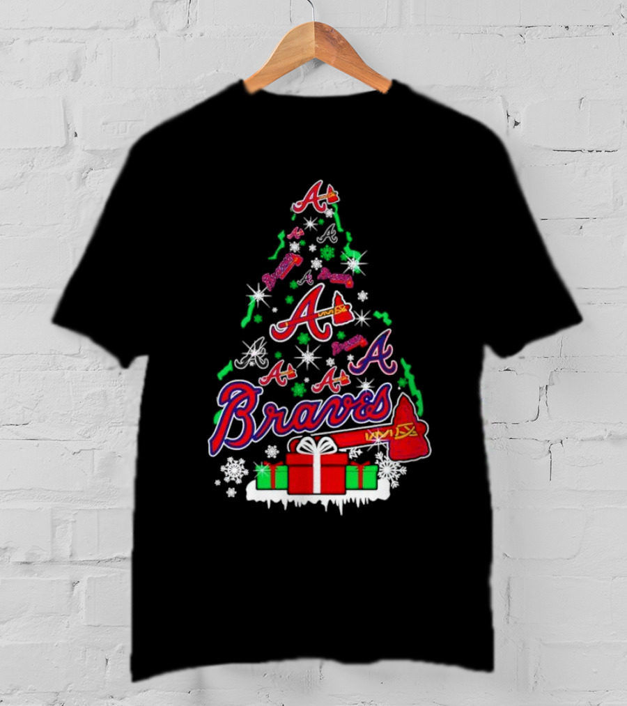 Christmas Tree Atlanta Braves Bravesword Santa Hat Baseball Snowflakes T-Shirt